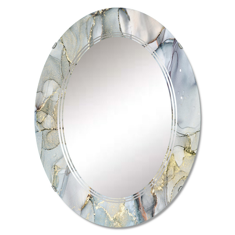 Abstract Wall Mirror, Gray Yellow Liquid Ink Decorative Mirror - Grey And Yellow Tender Liquid Ink Art, 36" x 24"