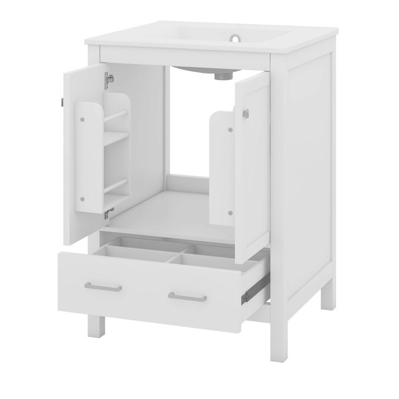 Meuble-lavabo de 24 pouces avec lavabo encastré intégré et armoire de rangement avec 2 portes et 1 tiroir, Blanc