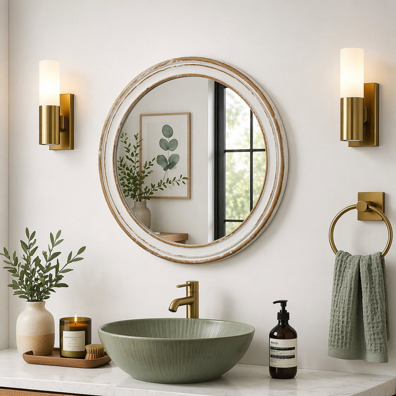Miroir mural rond en bois pour meuble-lavabo, 27,56 po x 27,56 po