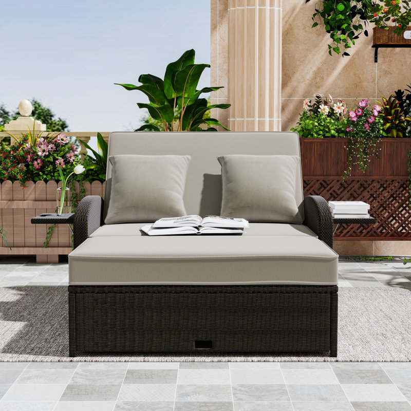 Outdoor 2-Person Recliner Chaise Lounge with Adjustable Backs, Cushions and Weatherproof Cover, Brown, Gray