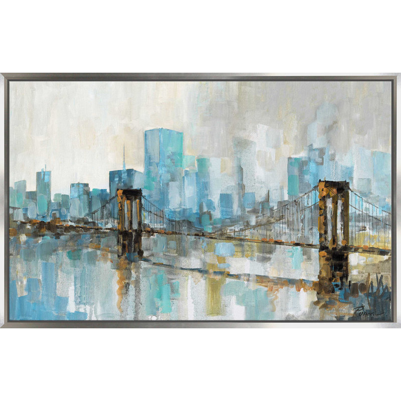 Teal City Shadows par - Peinture, H 27,5 po x l 43,5 po x P 2 po, Cadre flottant argent