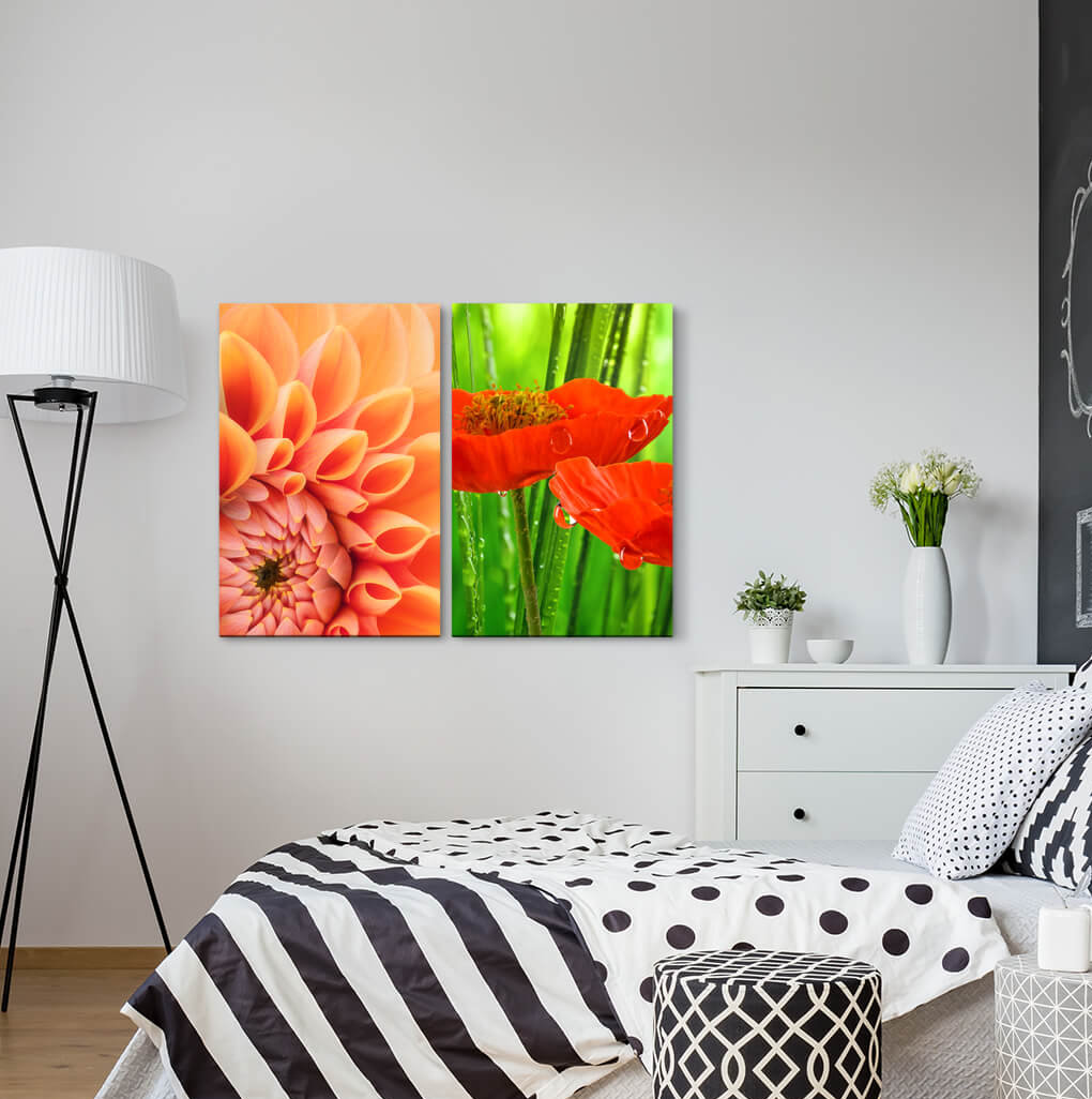 2-tlg. Leinwandbilder-Set - Fotografie „Dahlia Red Blossom Plants Summer Tropics Green Refreshing”