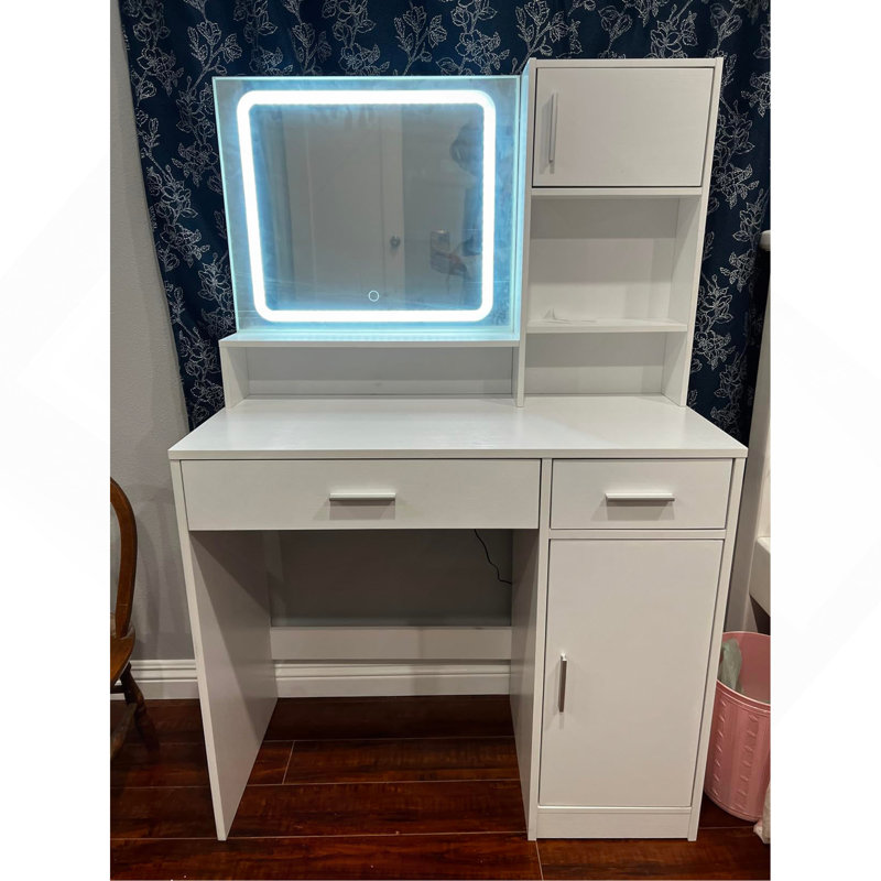 Sophisticated Vanity Desk With Multifunctional Storage And Adjustable Lighting, White