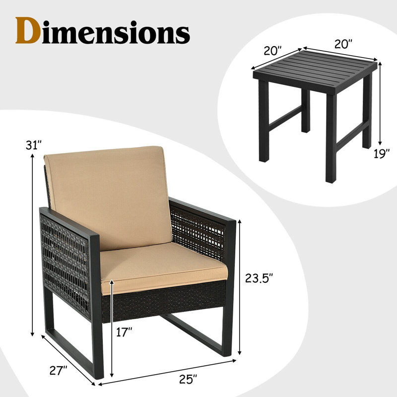 Ensemble de conversation en rotin 3 pièces avec coussins Bridin