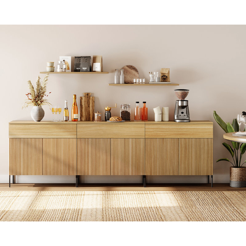 94.5" Wooden Reeded Sideboard With Doors And Drawers, 3-In-1 Modern Wide Credenza Storage Cabinet For Kitchen, Dining Room