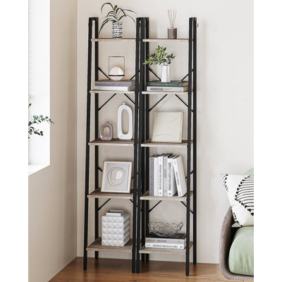 Ladder Shelf, Bookshelf Bookcase, Freestanding Corner Storage Shelve with 2 Hooks for Home Office, Living Room, Kitchen, Bedroom, Industrial, 11.8" D x 13.4" W x 63" H, Greige Black