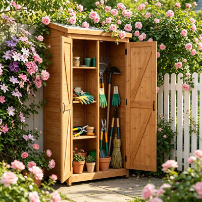 Armoire de rangement verticale extérieure en bois avec toit en métal galvanisé, remise à outils imperméable pour jardin de patio