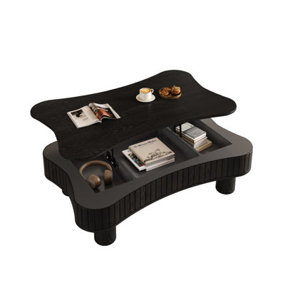Table basse à plateau relevable de 42 po Living, panneaux latéraux cannelés, compartiments de rangement cachés, relevage hydraulique lisse, coins arrondis, table noire pour les petits espaces dans la pièce, système silencieux, 3 cloisons