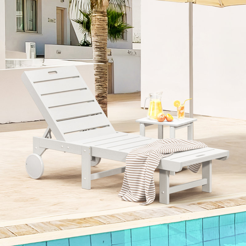 Haley Reclining Chaise Lounge with Patio Side Table (1 Chair and 1 Table), White