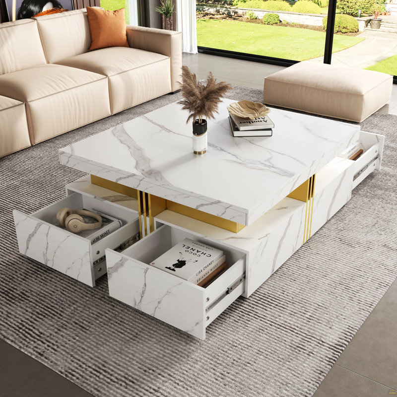 Table basse carrée avec rangement à 4 tiroirs, Blanc
