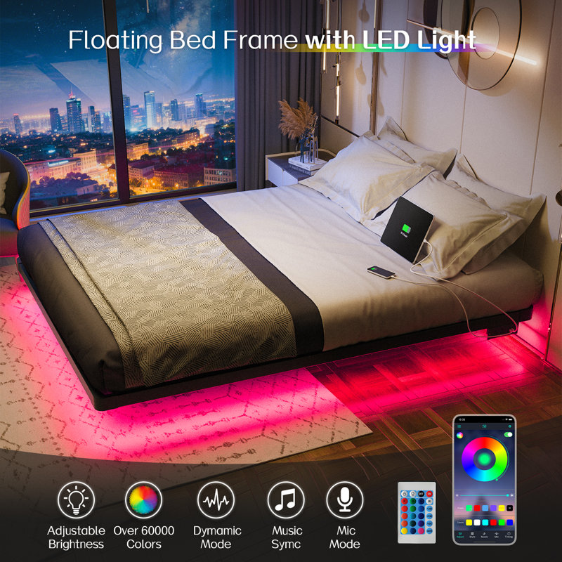 Kathrene Floating Bed Frame with LED Lights and Charging Station, Queen