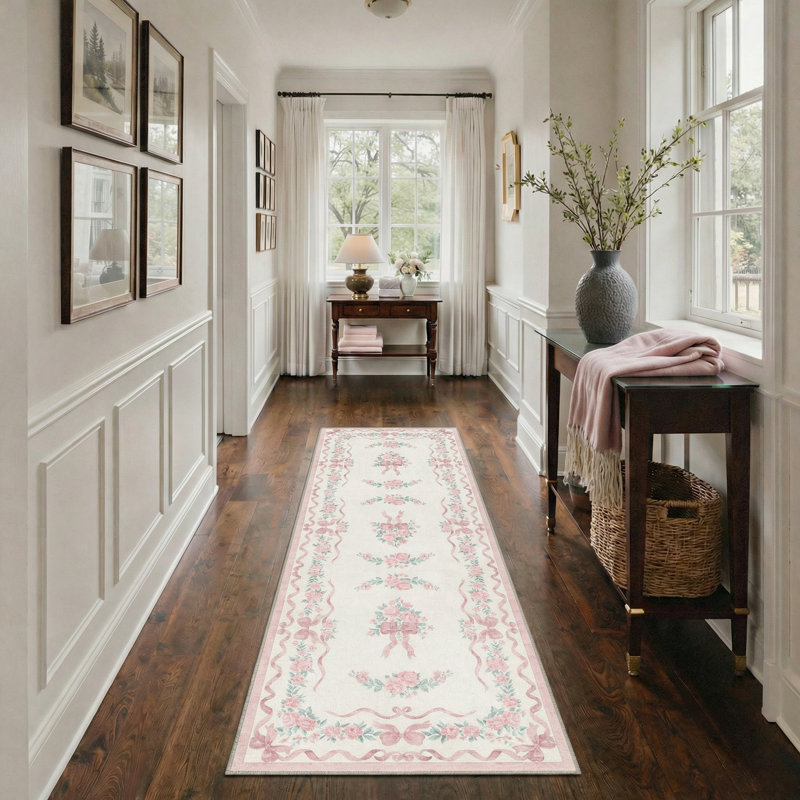 Atascadero Romantic Vintage Floral & Bow Border Kids Area Rug, Machine Washable, Inspired Faux Wool - High-Rebound Foam & Non-Slip Backing
