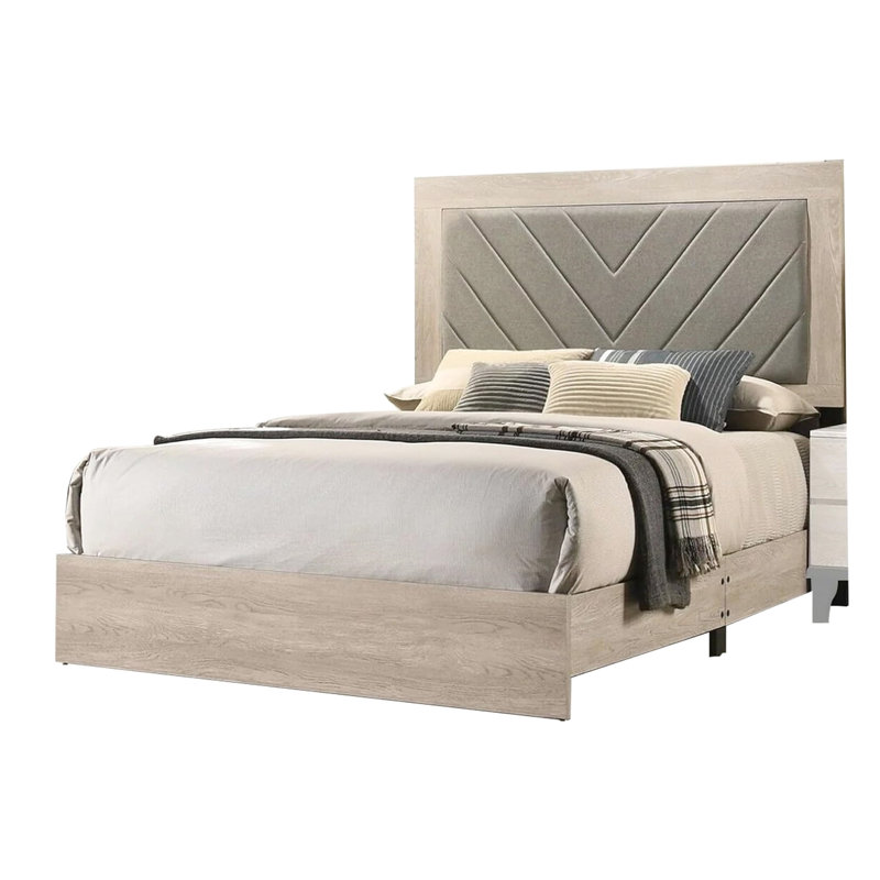 Grand lit moderne en bois d'hévéa, couleur crème, tête de lit grise pour la taille de la chambre à coucher et gris, conception classique, cadre