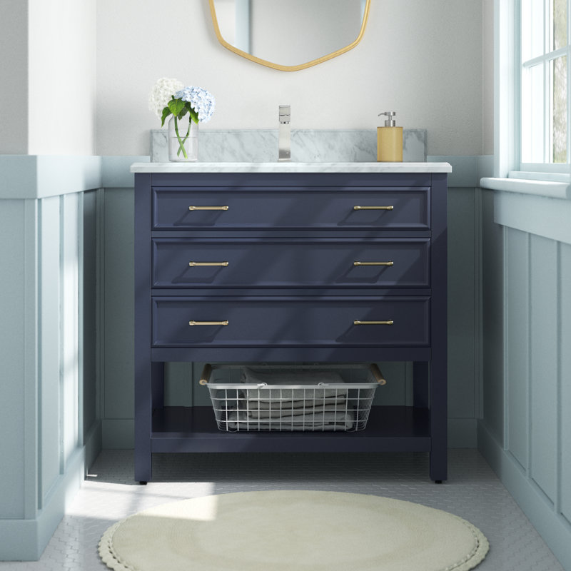 Roshan 36 in. Single Sink Freestanding with Open Shelf Bath Vanity in Marine Blue with Carrara Marble Top, Marine Blue