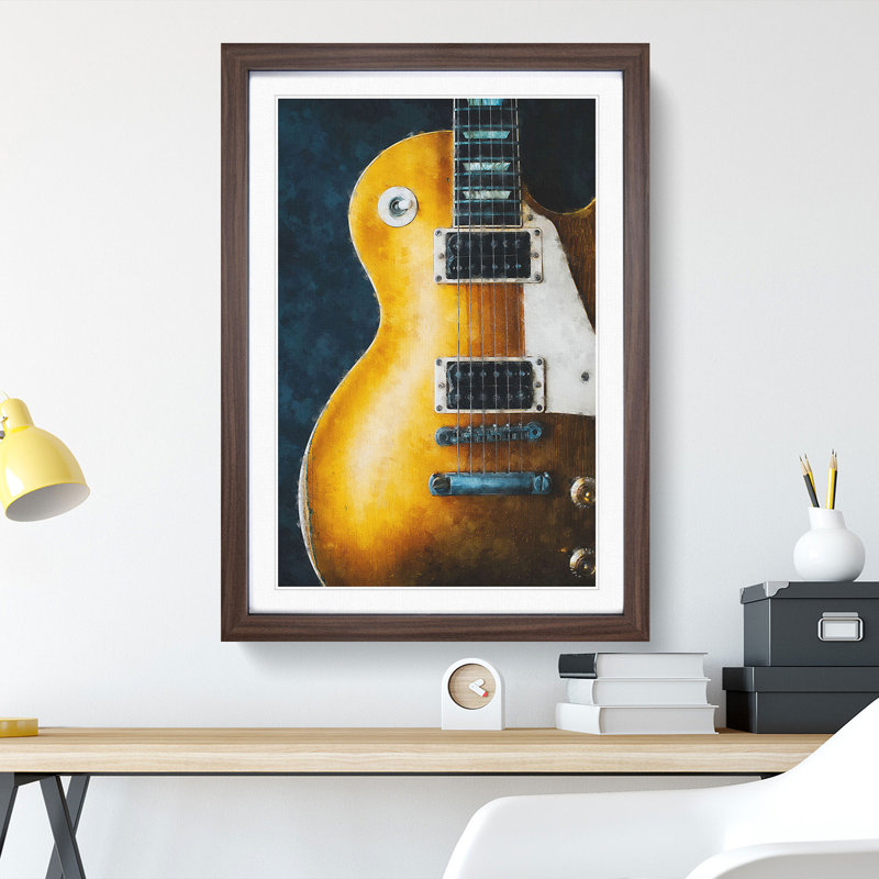 Aged Electric Guitar - Picture Frame Painting Print, 33cm H x 24cm W x 2cm D, Walnut Framed