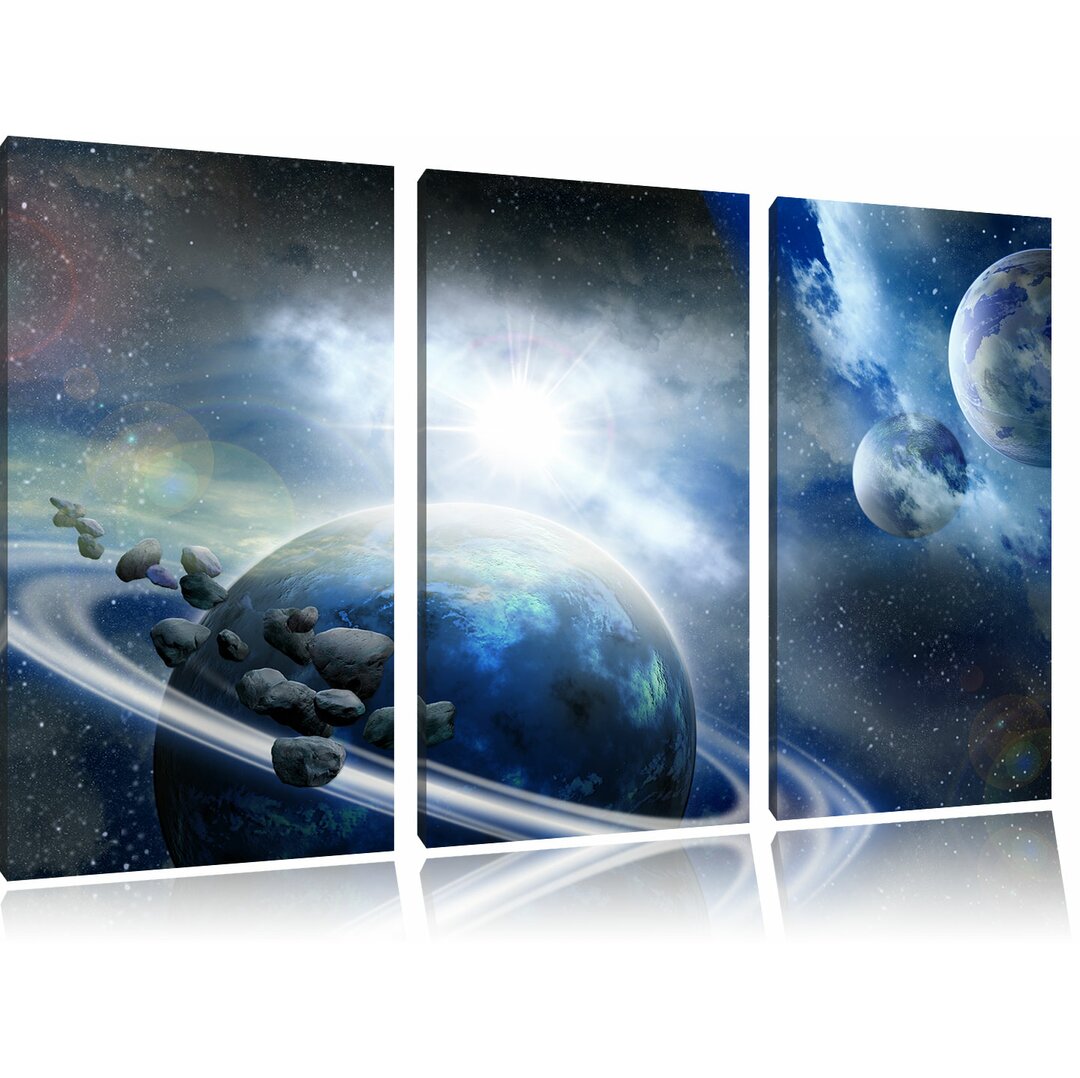 3-tlg. Leinwandbilder-Set "Planeten und Meteoriten im Weltraum", Grafikdruck