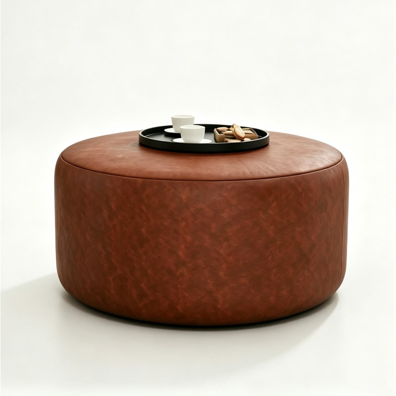 Repose-pieds rembourré rond, cuir synthétique, brun cognac, Marron clair