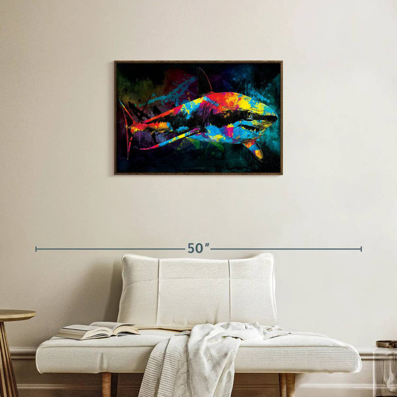 Grand requin blanc couleur grunge, Cadre flottant noyer, 31 po x 21 po