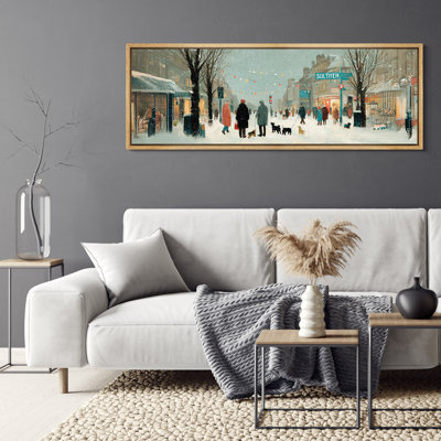 Charming Vintage Winter City Street Scene with People and Snow - Large Framed Canvas Master Bedroom Wall Art Print
