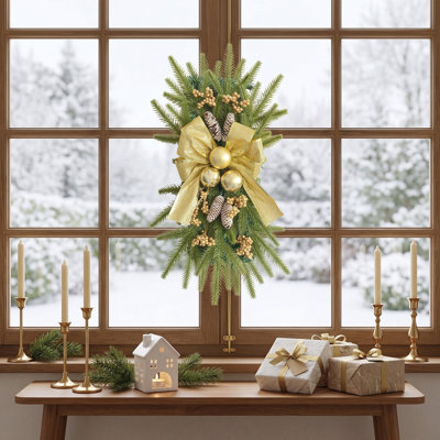 Ensemble de 2 guirlandes de Noël artificielles dorées en forme de larme (45 cm), décoration murale en pin avec nœud doré, boules décoratives, baies et pommes de pin pour la porte d'entrée.