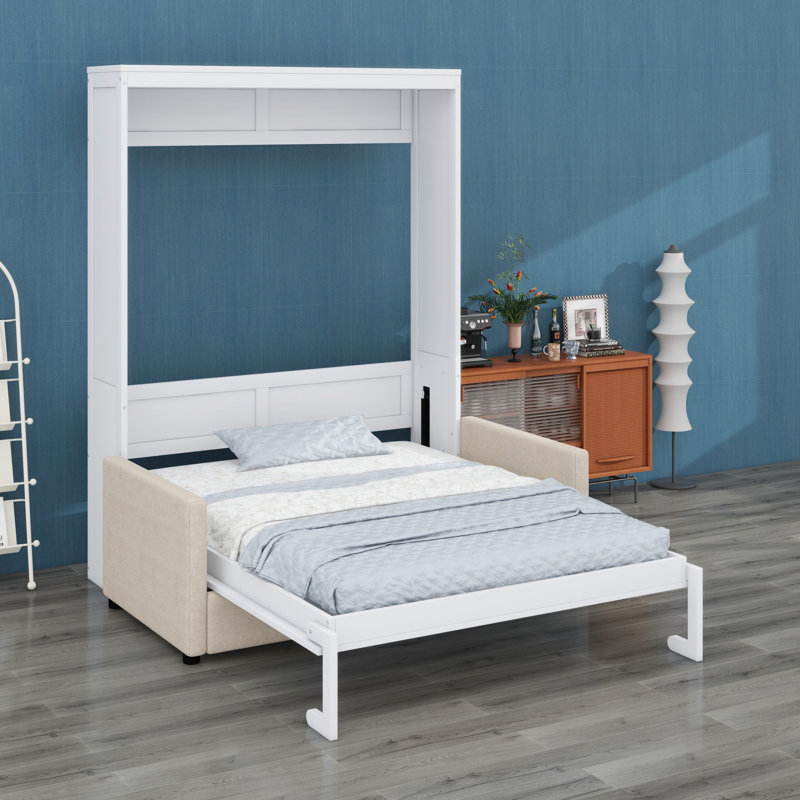 Murphy Bed Wall Bed With Cushion, White, Queen