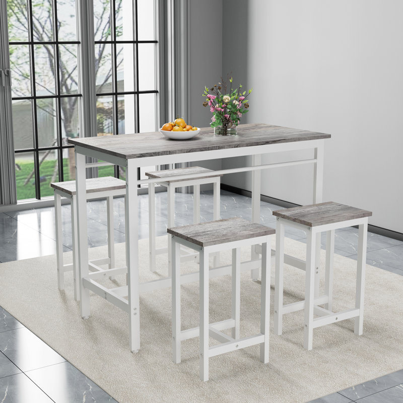 Ensemble de 5 tables de cuisine 5 pièces avec quatre tabourets de bar, structure en métal et panneau de fibres à densité moyenne, chêne blanc, l 47,5 po x l 23,7 po x H 35,5 po.