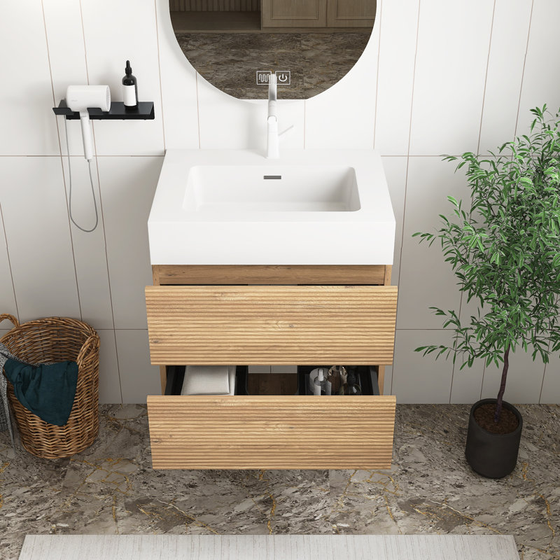 Modern Bathroom 24 Inch Rough Oak Bathroom Vanity With One-Piece Glossy White Engineered Quartz Sink And Soft Drawers, Wall Mounted Floating Bathroom Vanity