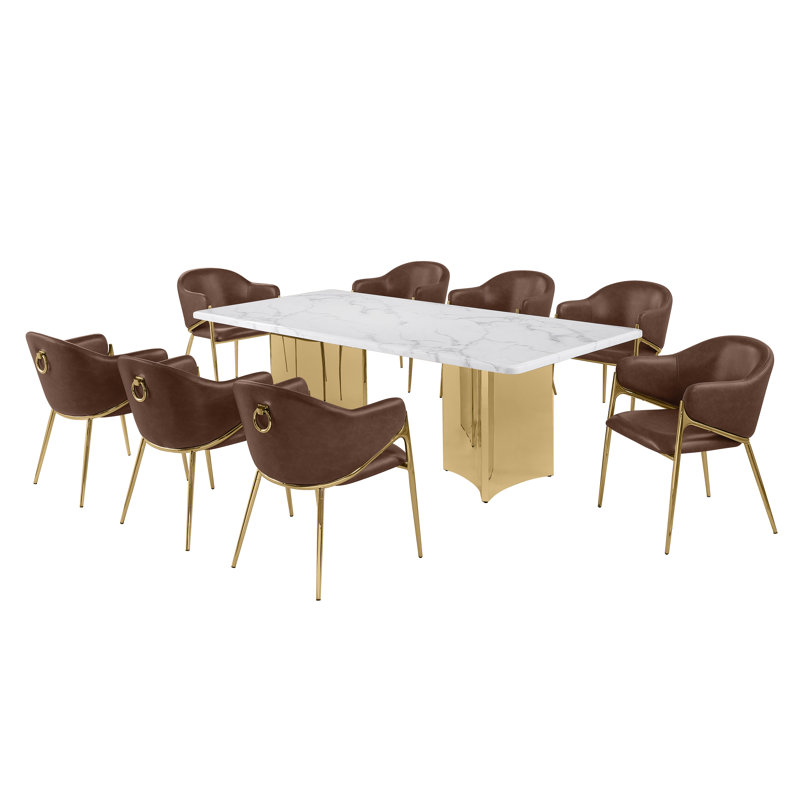 Ensemble de salle à manger en marbre blanc Grand avec chaises d'appoint Leathaire, 9 pièces : table, 8 chaises, Moka