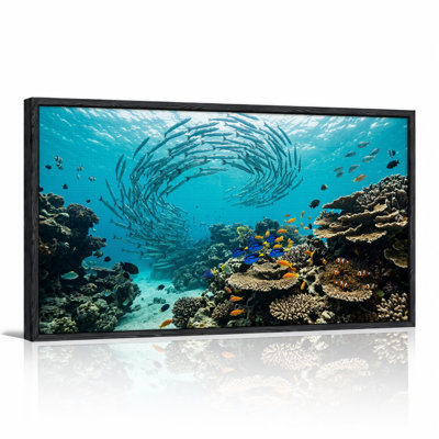 School of Barracuda and Colorful Tropical Fish on Reef Canvas Wall Art