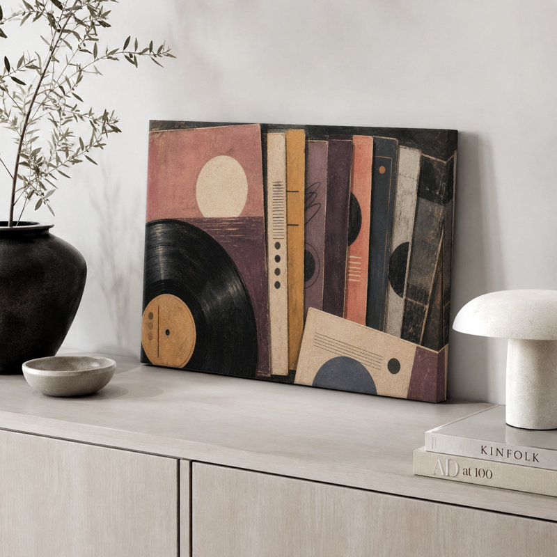 Œuvre de vinyle rétro et épines de livre abstrait, photos de salon, impression sur toile encadrée, Toile tendue