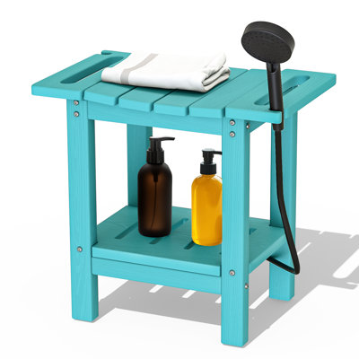 HDPE Waterproof Shower Stool – All-Weather Indoor/Outdoor Bench with Storage Shelf – Multipurpose Leg Shaving Seat & Side Table