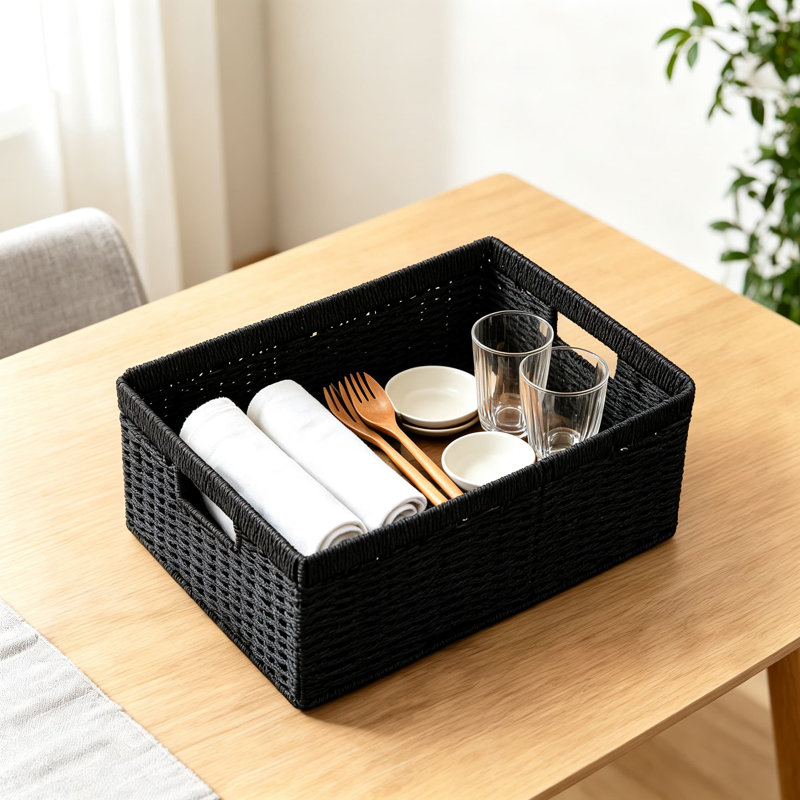 Ensemble de 4 paniers de rangement en corde de papier tissé avec poignées, paniers rectangulaires pliables pour tablettes, bacs de 13,4 po x H 8,3 po x l 7,1 po pour organiser le salon, le placard et la chambre de bébé