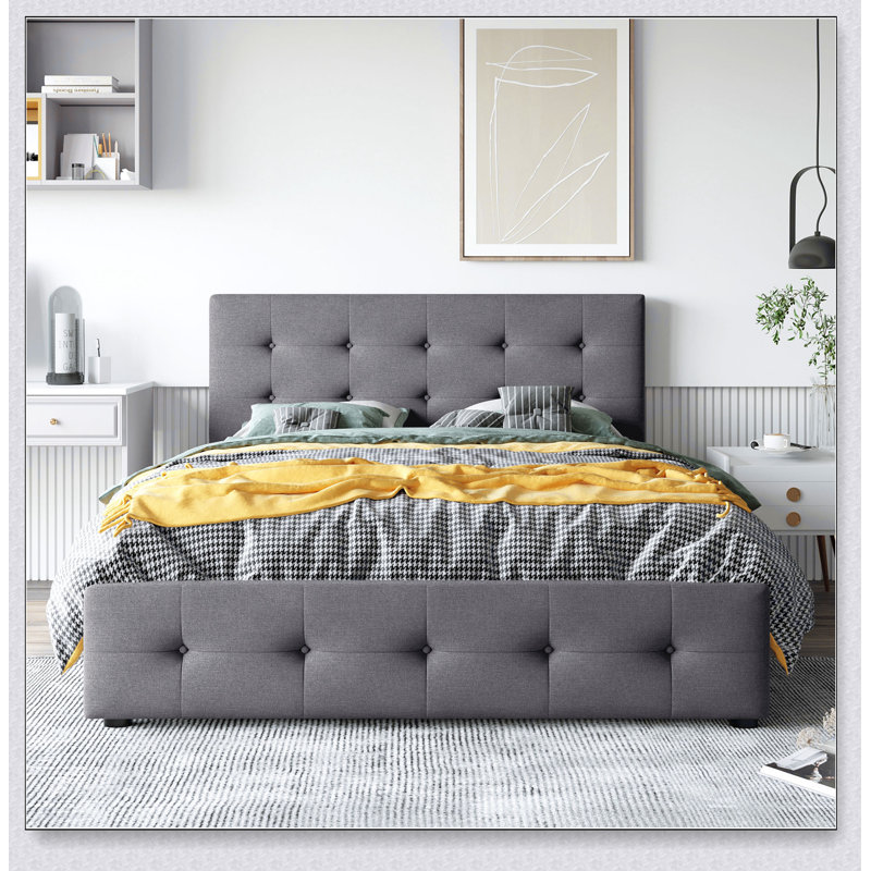 Lit plateforme tapissier avec tête de lit classique et 4 tiroirs, aucun sommier nécessaire, tissu en lin