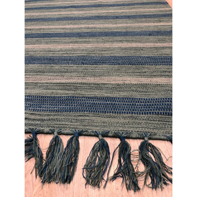 5x8 Blue Flat Weave Wool Bamboo Silk Coastal Horizon Striped Modern Contemporary Carpet Rug