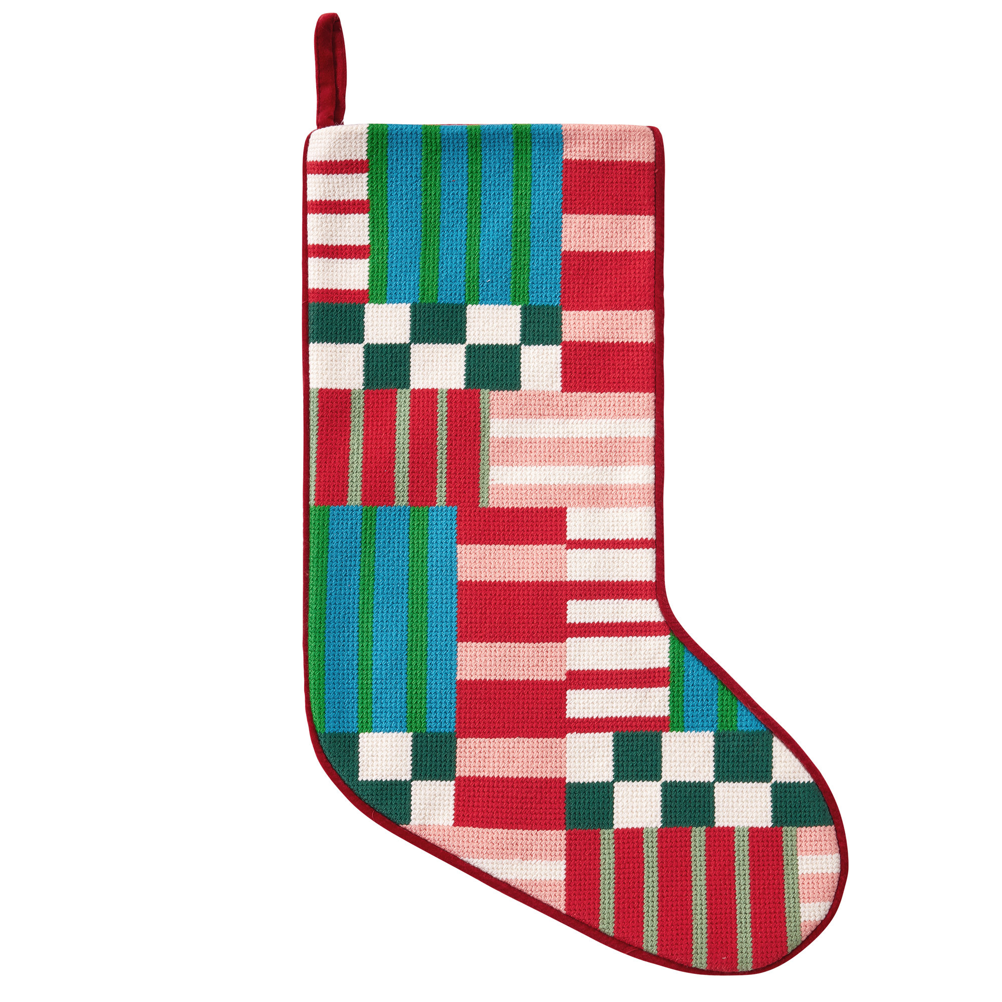 Modern Patchwork Embroidered Holiday Stocking