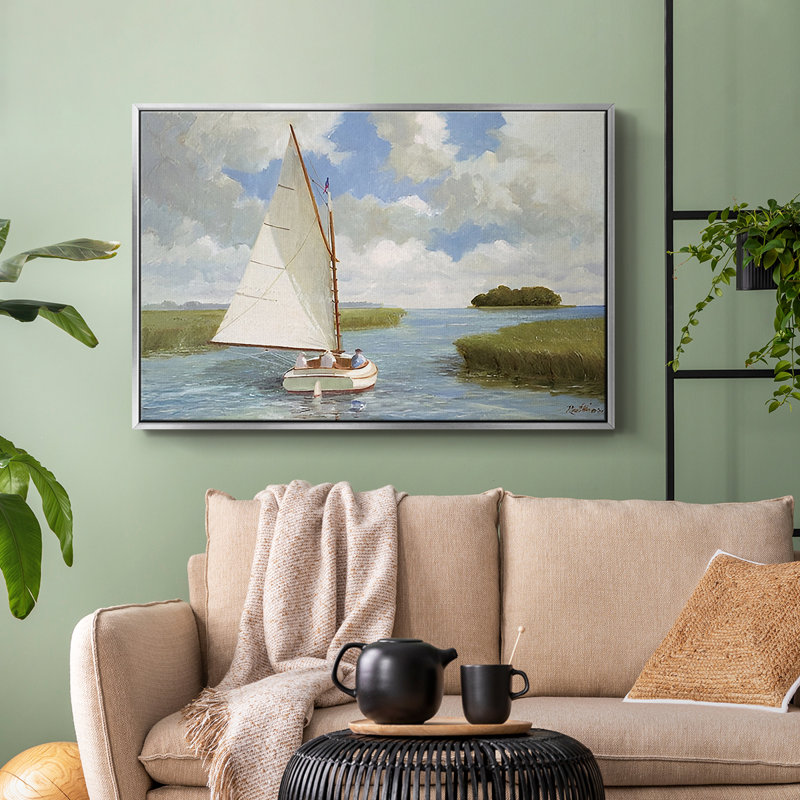 Impression nautique rétro - XIXe, Toile argentée avec cadre flottant, H 17 po x l 25 po x P 2 po