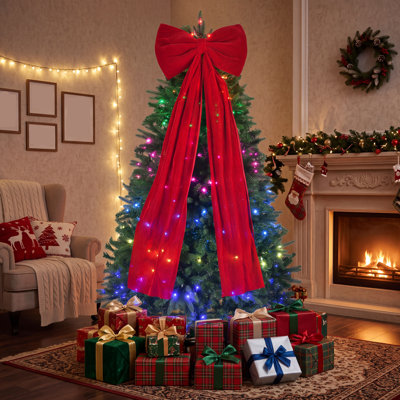 Sapin de Noël artificiel de 1,80 m avec lumières DEL, contrôle par application, grand nœud rouge et base pliable