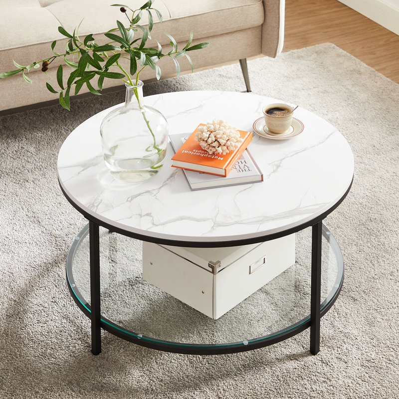 Table basse ronde avec rangement Aubra, Plateau blanc / base noire