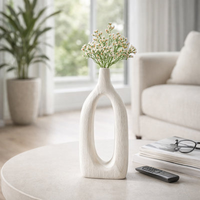 Modern Wood Cut-Out Table Vase for Home Decor - Tall Flower Vase for Shelves, Office Desks, and Kitchen Counter Accent - 14", White