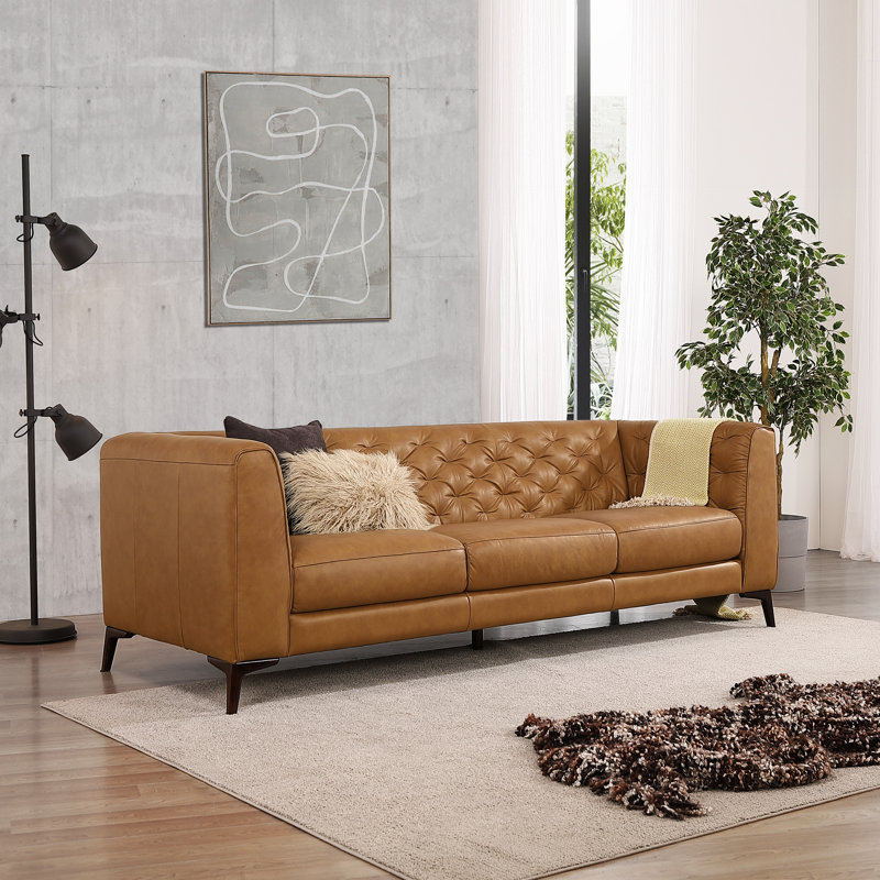 Moishe Havana 90" Mid Century Modern Tufted Genuine Leather Sofa, Tan Genuine Leather