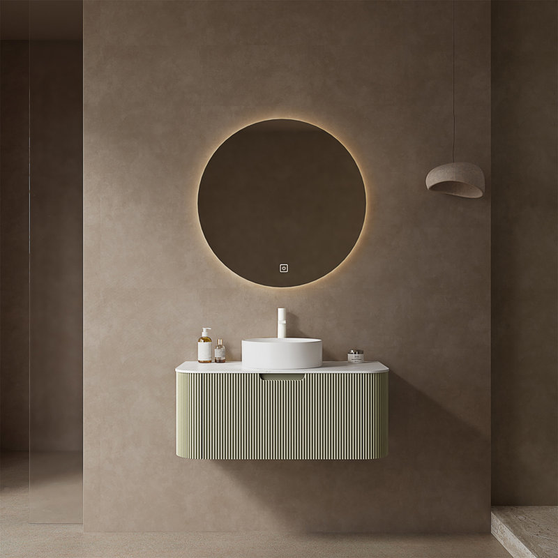 Meuble-lavabo de salle de bain avec lavabo, armoire de rangement de salle de bain moderne à bordures courbes et flottantes avec tiroir, lavabo rond en céramique blanc sans robinet, pré-assemblé