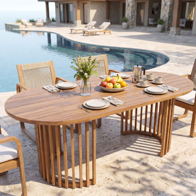 Table de salle à manger d'extérieur ovale en bois d'acacia massif à finition claire avec pieds à lattes verticales uniques, capacité de poids de 500 lb, grande table de patio pour la piscine de jardin