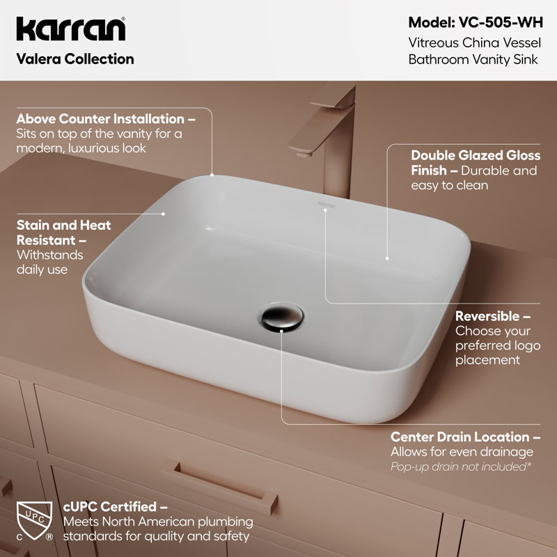 Karran Valera 20 In. Vitreous China Rectangular Vessel Bathroom Sink