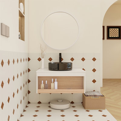 Meuble-lavabo flottant de 30 po avec lavabo vasque en veine de marbre noir, meuble-lavabo mural avec tablette ouverte avec finition en bois