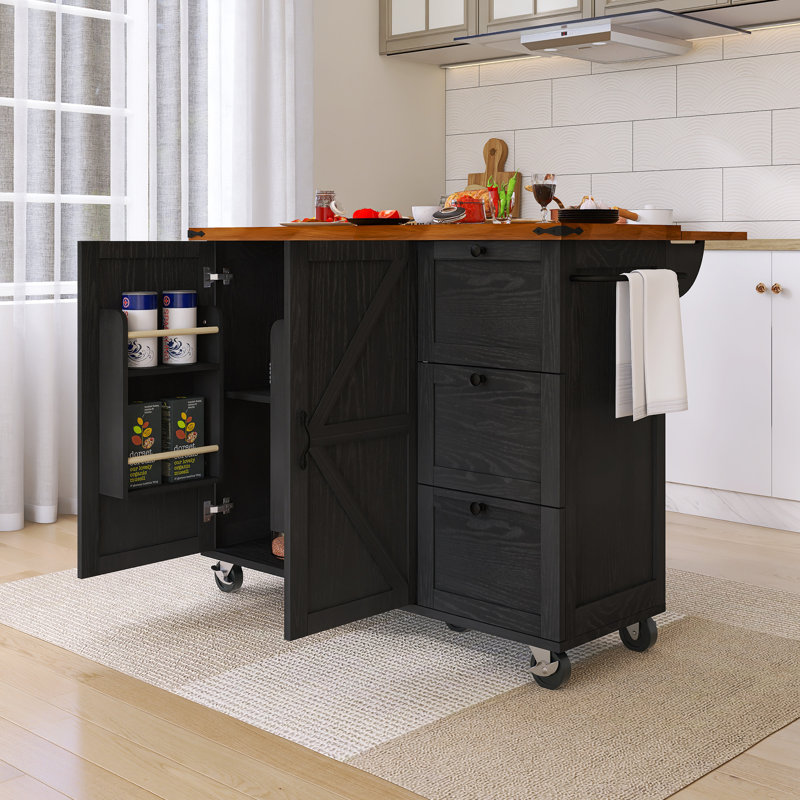 54.5" Drop-Leaf Countertop Kitchen Cart With Power Outlet And Spice Rack & Towel Rack, Black