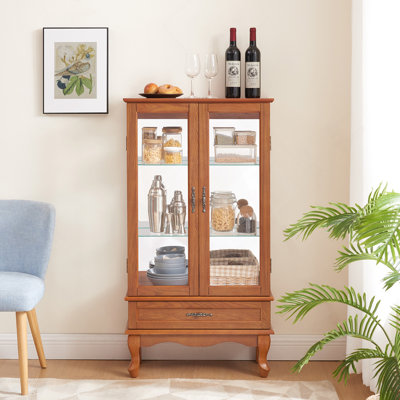 Vitrine éclairée en verre Vitrine vitrée en verre avec tablettes réglables en verre Deux portes et un tiroir ampoule incluse pour la décoration intérieure et le rangement - chêne