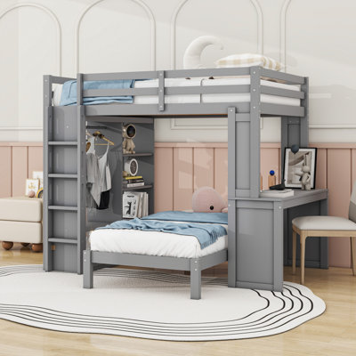 Multifunctional Wooden Bunk Bed With Integrated Desk, Wardrobe And Shelves by Harriet Bee
