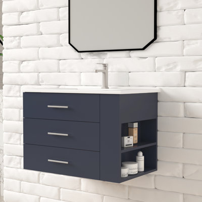 Ensemble de meuble-lavabo mural simple 30 po avec comptoir en céramique bleu marine Aurilla Aurilla