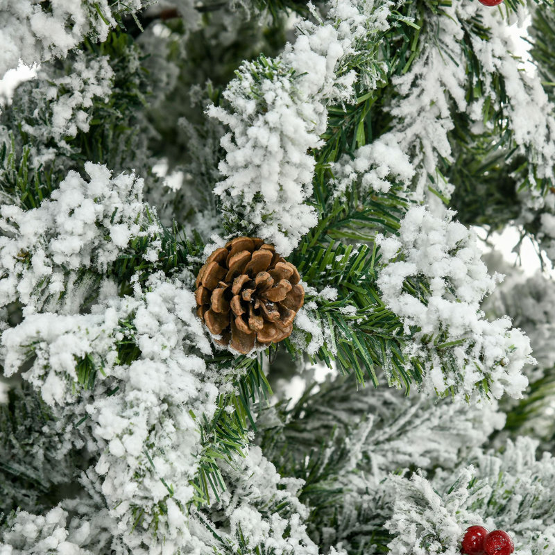 Arbre de Noël artificiel enneigé 9 pi avec des branches de pin réalistes, pommes de pin, baies rouges, ouverture automatique