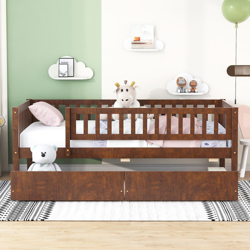 Twin Daybed With Two Drawers, Walnut Color - Solid Wood Frame For Extra Support Size Bed Drawers In , Space, Multi-Functional